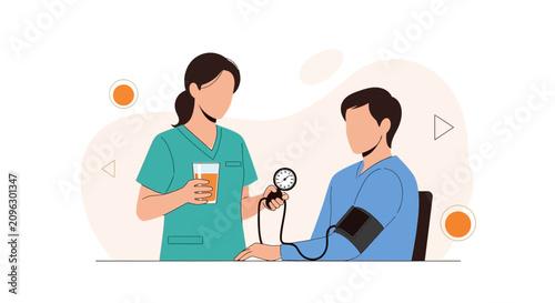 Nurse Checking Patient's Blood Pressure, Healthcare Concept, Modern Flat Vector Illustration