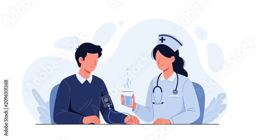 Nurse Checking Patient's Blood Pressure - Vector Illustration of Healthcare and Medical Check-up