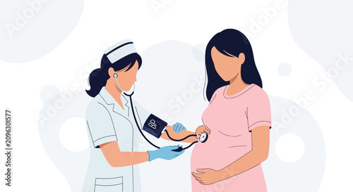 Nurse checks blood pressure of pregnant woman with stethoscope and cuff in a modern flat illustration style.