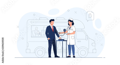 Nurse checks businessman's blood pressure near mobile clinic or van, symbolizing health screening and corporate wellness