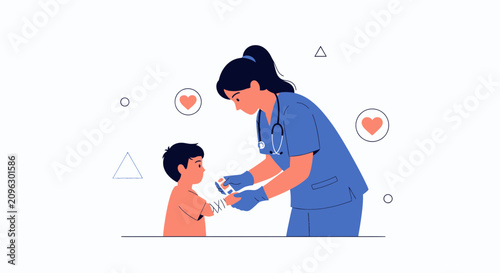 Nurse checks child's vital signs with pulse oximeter, vector illustration symbolizing healthcare and pediatric care.
