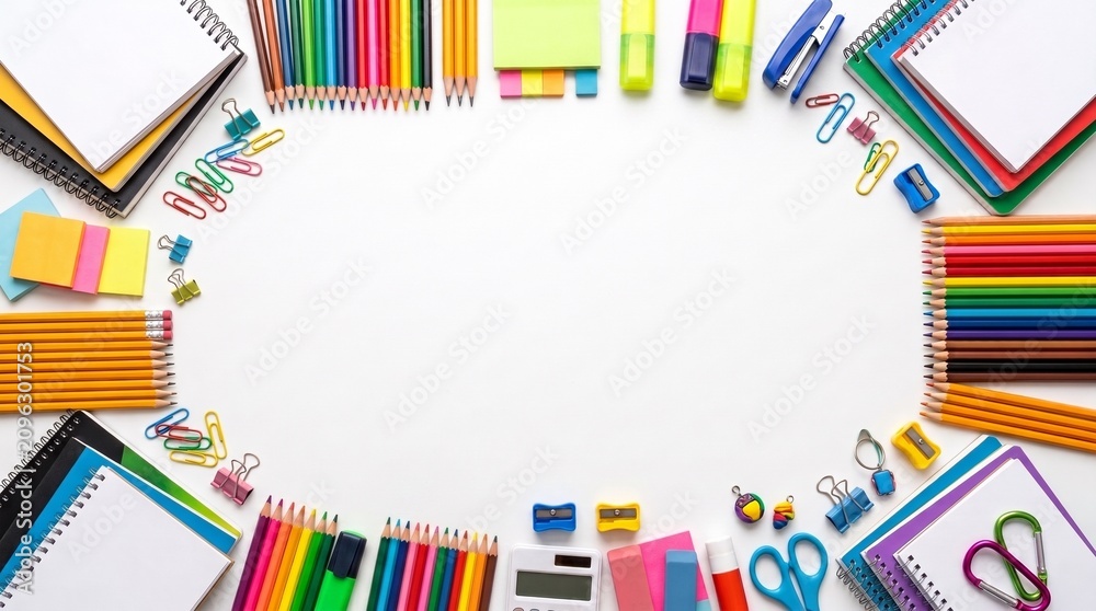Obraz premium Various colorful school supplies and stationery items arranged in a neat circular frame on a clean white background surface area