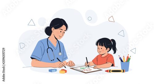 Nurse Helping Child Draw, Pediatric Healthcare, Creative Therapy, Illustration