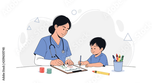 Nurse helping child draw with crayons, promoting engagement and care in a medical setting.