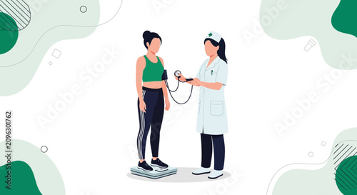 Nurse measures patient's blood pressure and weight, health checkup concept, flat vector illustration
