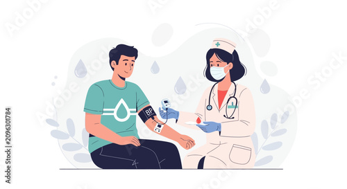 Nurse measuring blood pressure and taking blood sample from patient, modern flat illustration style, medical healthcare concept