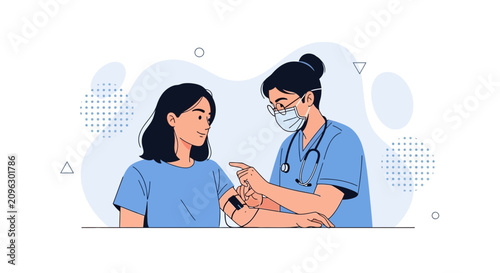 Nurse measures patient's blood pressure with stethoscope and cuff, modern flat vector illustration