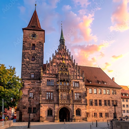 Historic Town Hall at Sunset with Colorful Sky.