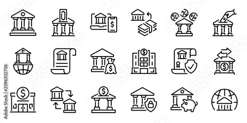 Set of outline icons related to bank. Linear icon collection. Editable stroke. Vector illustration.