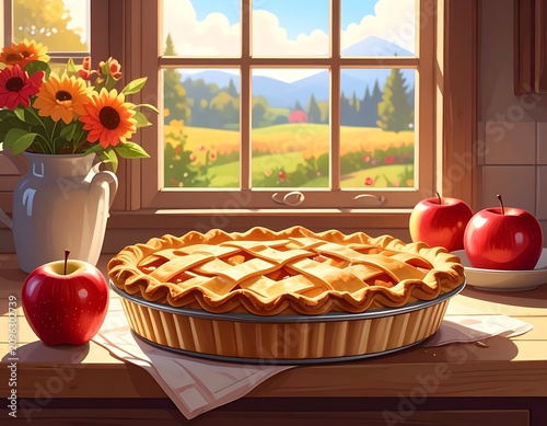 Homemade Apple Pie on a Windowsill with Apples and Flowers.