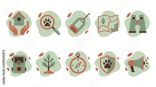 Photography Wildlife tracking icons display tools and methods used by researchers for animal conservation efforts