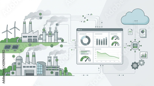 Industrial factory with wind turbines and digital dashboard showing data analytics.