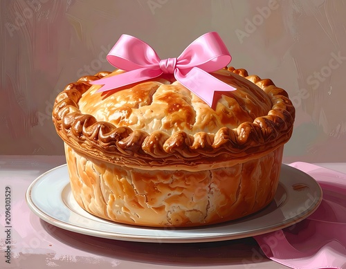 Homemade Meat Pie with Pink Bow Decoration.