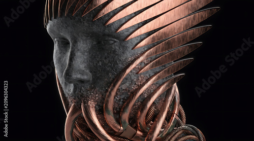 Abstract stone face sculpture with copper blades and braided metal elements forming fluid portrait