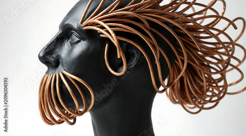 Black stone sculpture with copper wire hair and mustache in profile, surreal elegant conceptual portrait blending metal and form