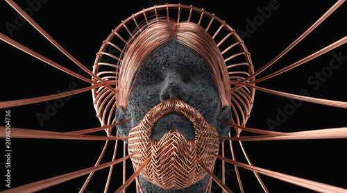 Sculptural biomechanical portrait formed entirely from copper filaments and stone face, surreal metallic beard and halo, futuristic eerie mood