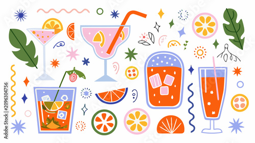 Bild auf Leinwand Cocktail And Citrus Fruit Collection A Colorful Vector Illustration On A White B