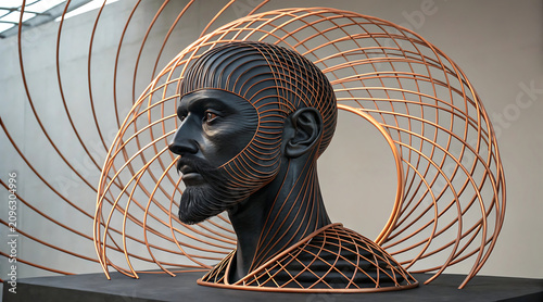 Surreal electro organic monument minimalist black male bust with copper wire halo and geometric pattern conveying calm focus