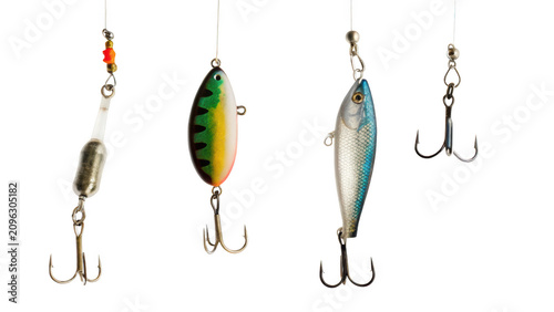 Fishing lures on white background with hooks and lines isolated on a transparent background