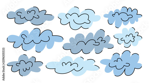 Hand drawn collection of vector clouds and bubbles, abstract shapes in blue shades. Water vapor, cotton wool, fluff and cloud. Rain clouds, cloudy weather, storm. Simple illustrations with outlines. 