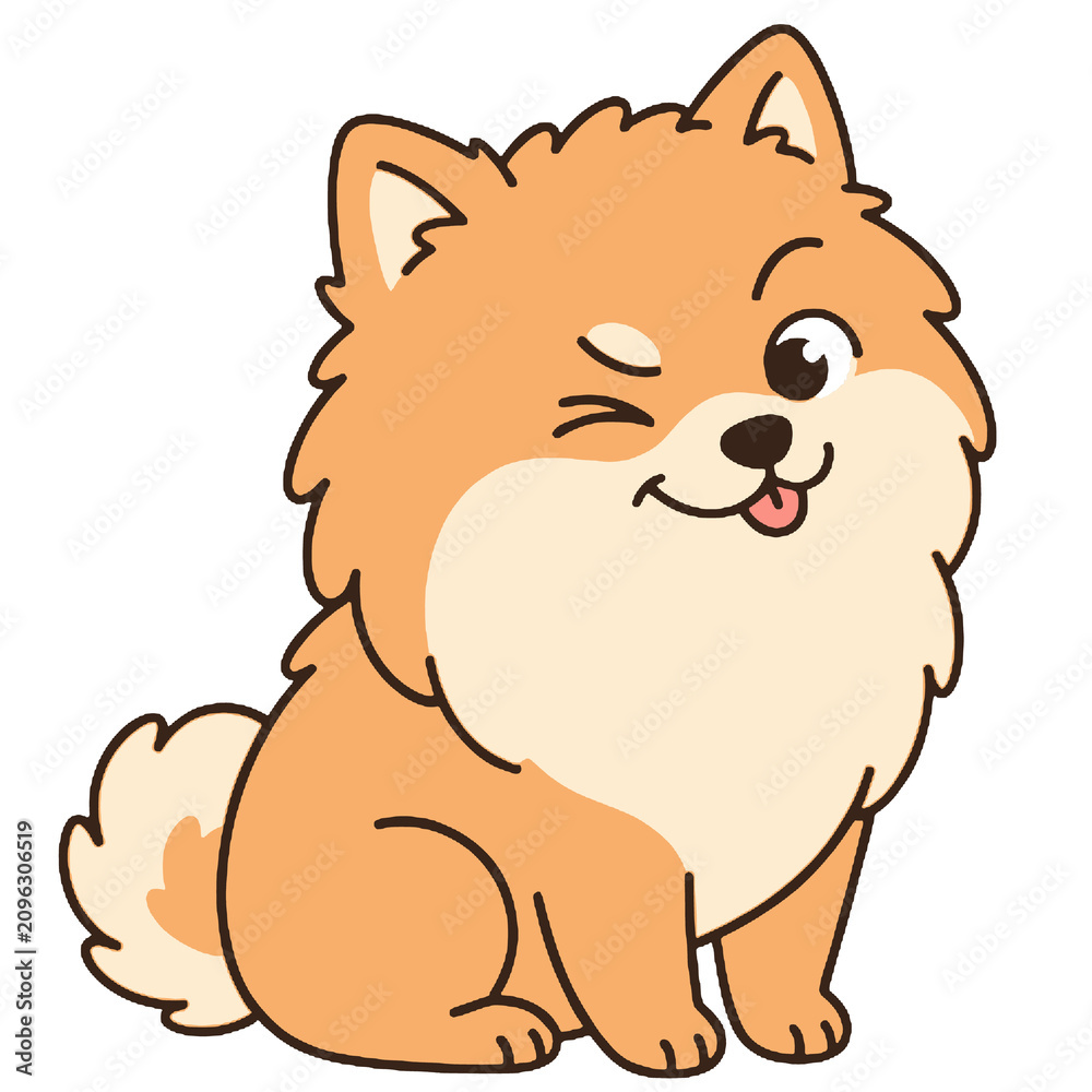 Fototapeta premium Cute Pomeranian dog cartoon winking, happy fluffy puppy character funny pet illustration adorable small dog smiling, mascot design for stickers and social media