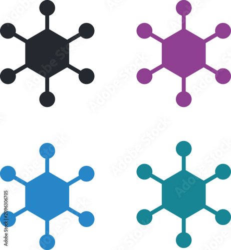Four hexagonal network icons in varied colors black purple blue and teal
