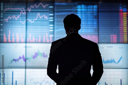Silhouette of businessman standing in front of large screen monitoring financial graph and market data