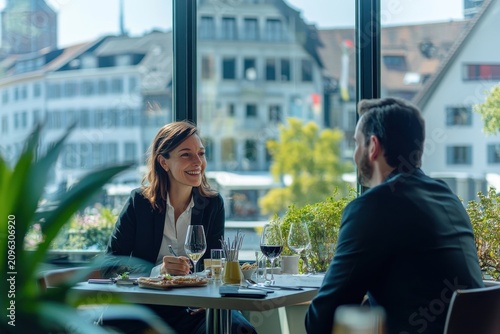 Business team having meeting in rooftop restaurant terrace cafe with panoramic city skyline view