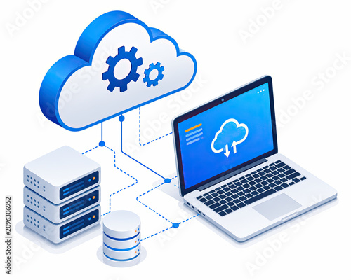 Isometric cloud computing network with laptop server and gear icon isolated on white background