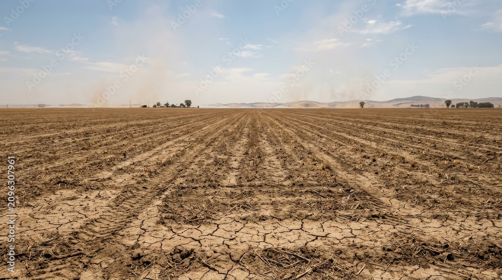 Obraz premium Global Heatwave and Climate Change Impact, Vast dry cracked earth field under a clear sky with distant dust devils.