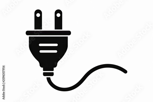 Black electrical power plug icon with cord on a simple background isolated on white background