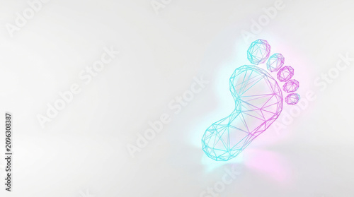 Digital abstract geometric footprint glowing with neon blue and purple light white background, futuristic and minimalistic