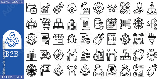 B2B icon set. Business to business, supplier, commerce, vendor, enterprise, partnership, manufacturer, purchase order, supply chain, transaction, quotation and more. Solid vector icons collection.