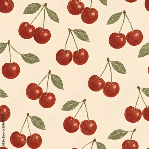 Seamless vintage cherry pattern with green leaves on cream background