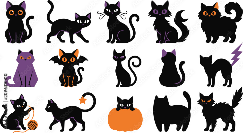 Obraz premium Set of cute black cat illustrations for halloween design and decoration with halloween collection whimsical mystical character creature seasonal celebration