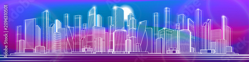 Futuristic city skyline in neon purple and blue colors. Linear wireframe illustration of a modern metropolis with glowing skyscrapers, abstract digital background