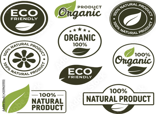 Green Organic Product Labels Collection with Eco, Natural and Bio Badges Vector Set