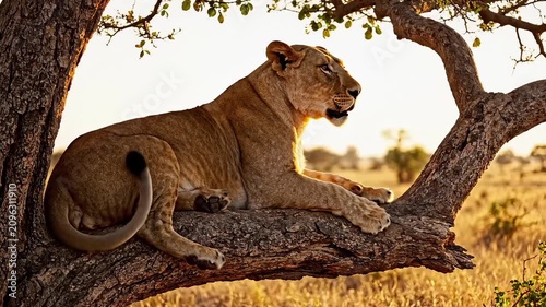 Lioness sitting resting on large tree branch at sunset in african wilderness