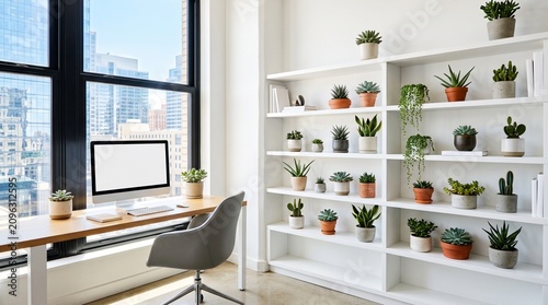 Modern minimalist home office interior with a clean desk setup featuring a computer monitor and expansive window view of city buildings alongside a wall of shelves filled with various potted