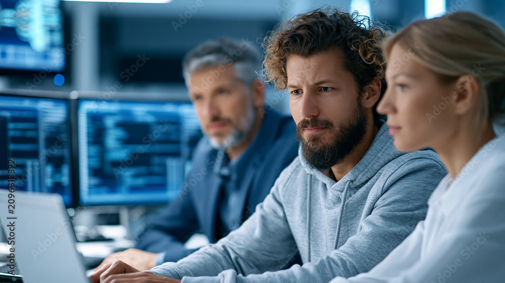 Fototapeta premium Faceless diverse data science team of mixed ages in intense discussion around table with multiple screens displaying complex code and data visualizations in innovative