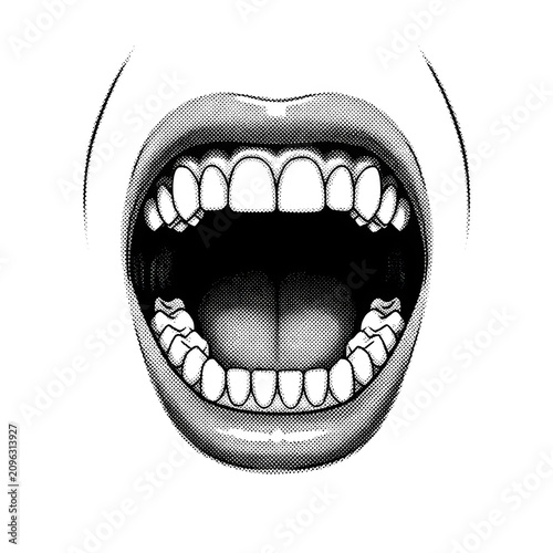A black and white illustration of a wide-open cheerful mouth with visible teeth isolated on transparent background