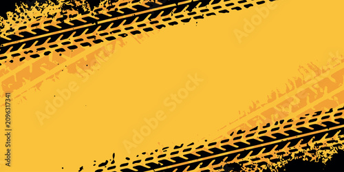 Abstract yellow background with tire skid marks and scratches with grunge effect. Modern design with tire texture for car racing, motocross, drift, rally, off-road event. Vector illustration EPS. 2
