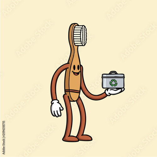 Toothbrush character holding recycling bin