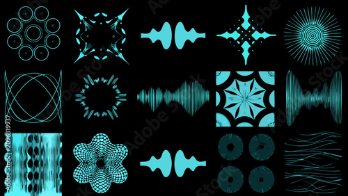 Quadro su tela Audio Waveform Collection Sixteen Teal Vector Variations On Black Background aco