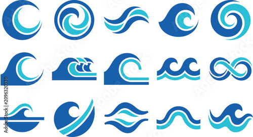Cuadro en lienzo Diverse set of ocean wave icons vector graphics for marine water sports coastal