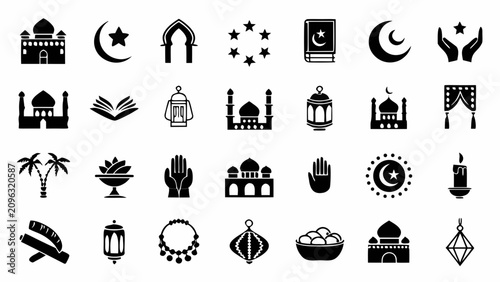 Islamic Icons Set Black Silhouettes On White Background