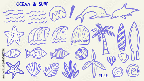 Foto Ocean and surf themed doodle collection a blue line illustration on a cream back