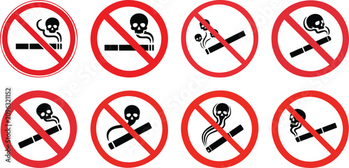 A set of no smoking warning signs with skull symbols on a white background