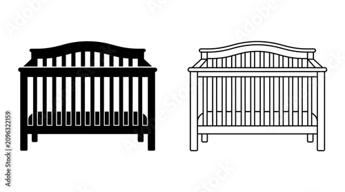 Baby Crib Silhouette And Line Art On White Background