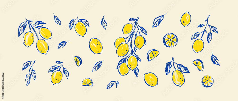Fototapeta premium Hand drawn doodle crayon lemon fruit, leaves, branch tree set. Blue and yellow pencil scribble lemons. Italian summer, Amalfi, Sicily pastel, paint, watercolor design element. Mediterranean food